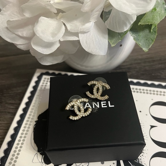 CHANEL Classic Gold CC Crystal Stud Earrings - Picture 1 of 9